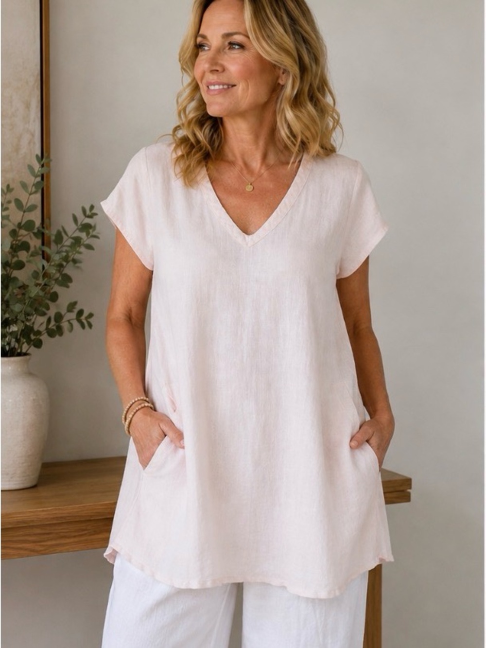 Heart’s Desire Linen by Mary Grace Blush Pink Lagenlook Draped Pocket    Top S